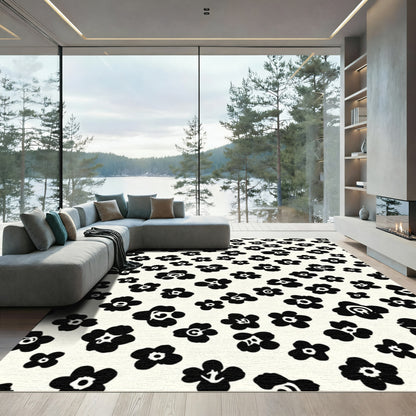 Bold Black Floral Imprint Background Rug