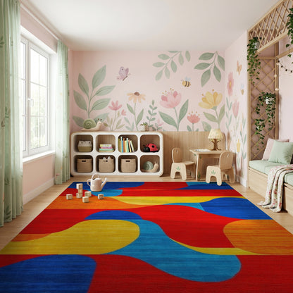 Vibrant Wavy Red Blue Orange Yellow Rug