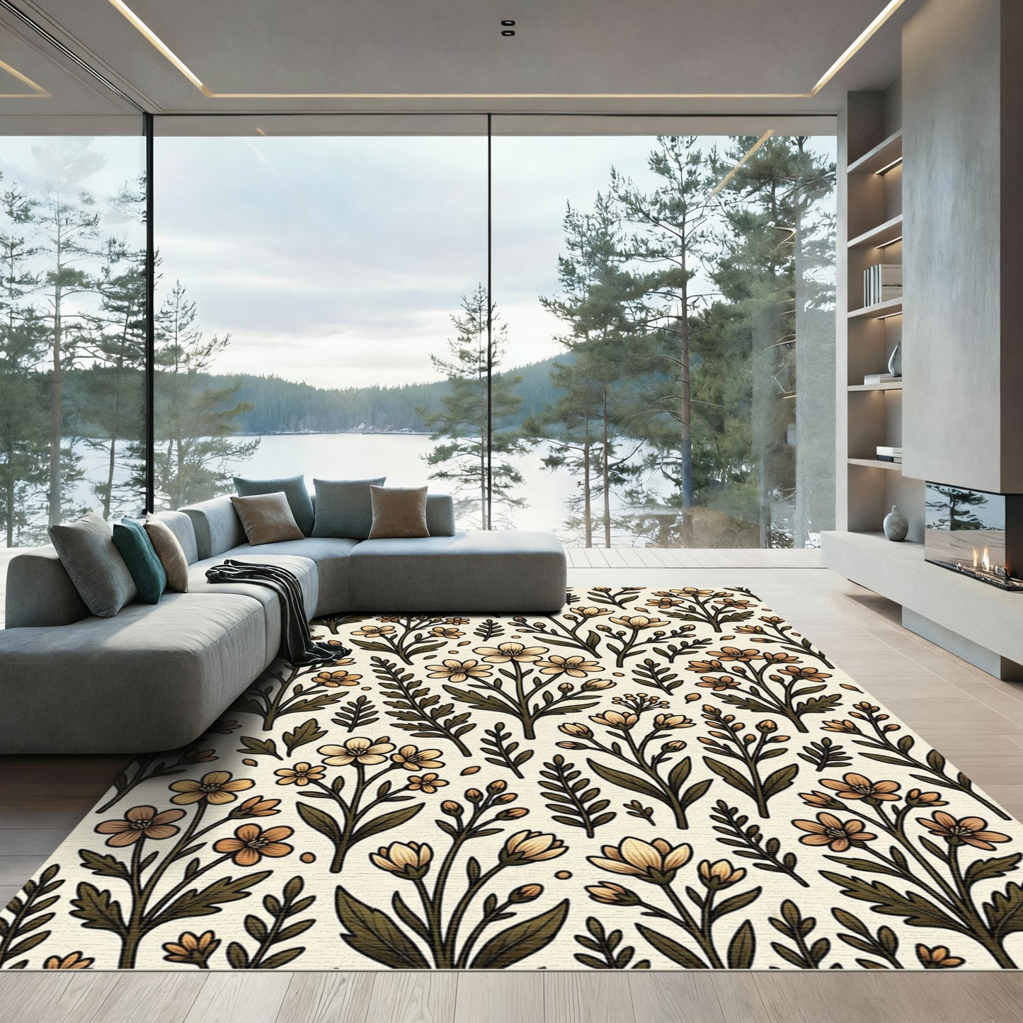 Golden Beige Floral Branch Pattern Rug