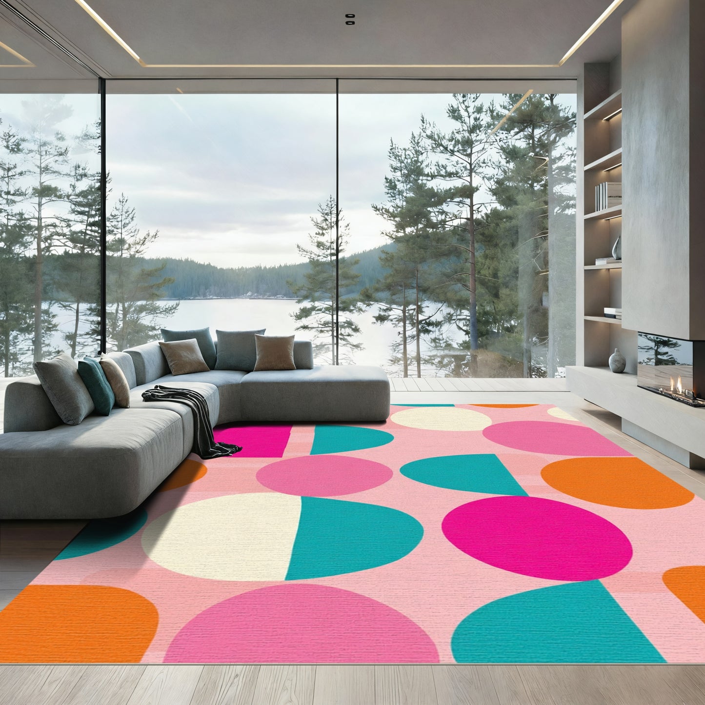 Vibrant Pink Teal Orange Abstract Shapes Rug