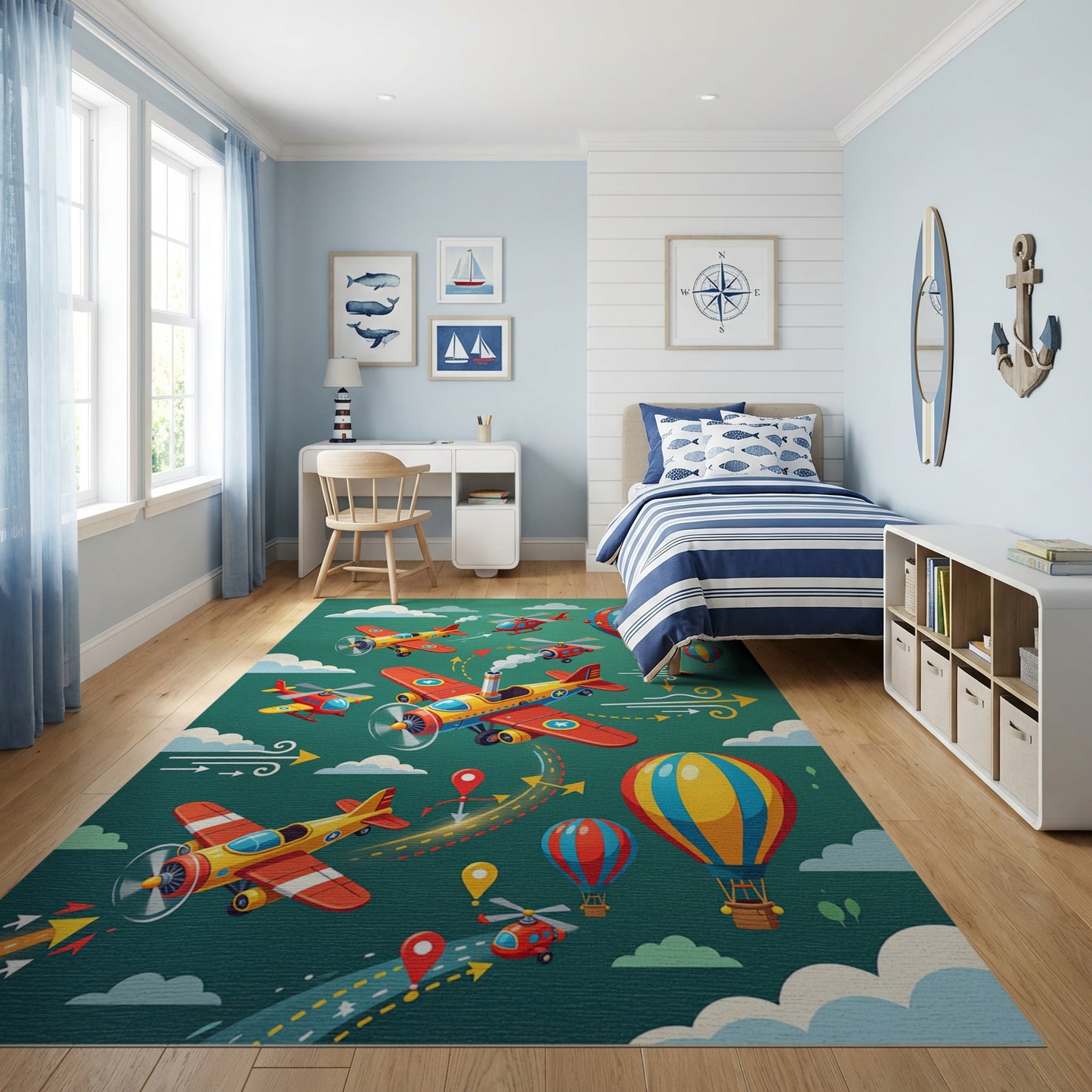 Colorful Whimsical Airplanes Balloons Helicopters Rug