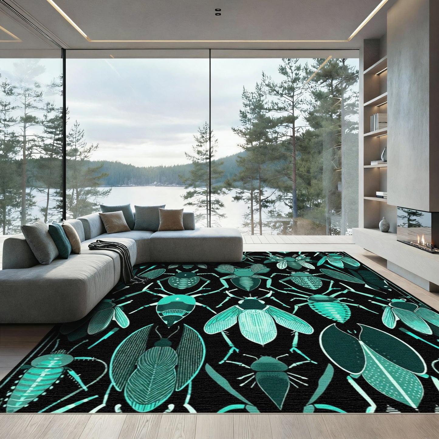 Teal Insect Collage Black Background Rug