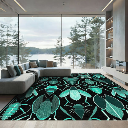 Teal Insect Collage Black Background Rug