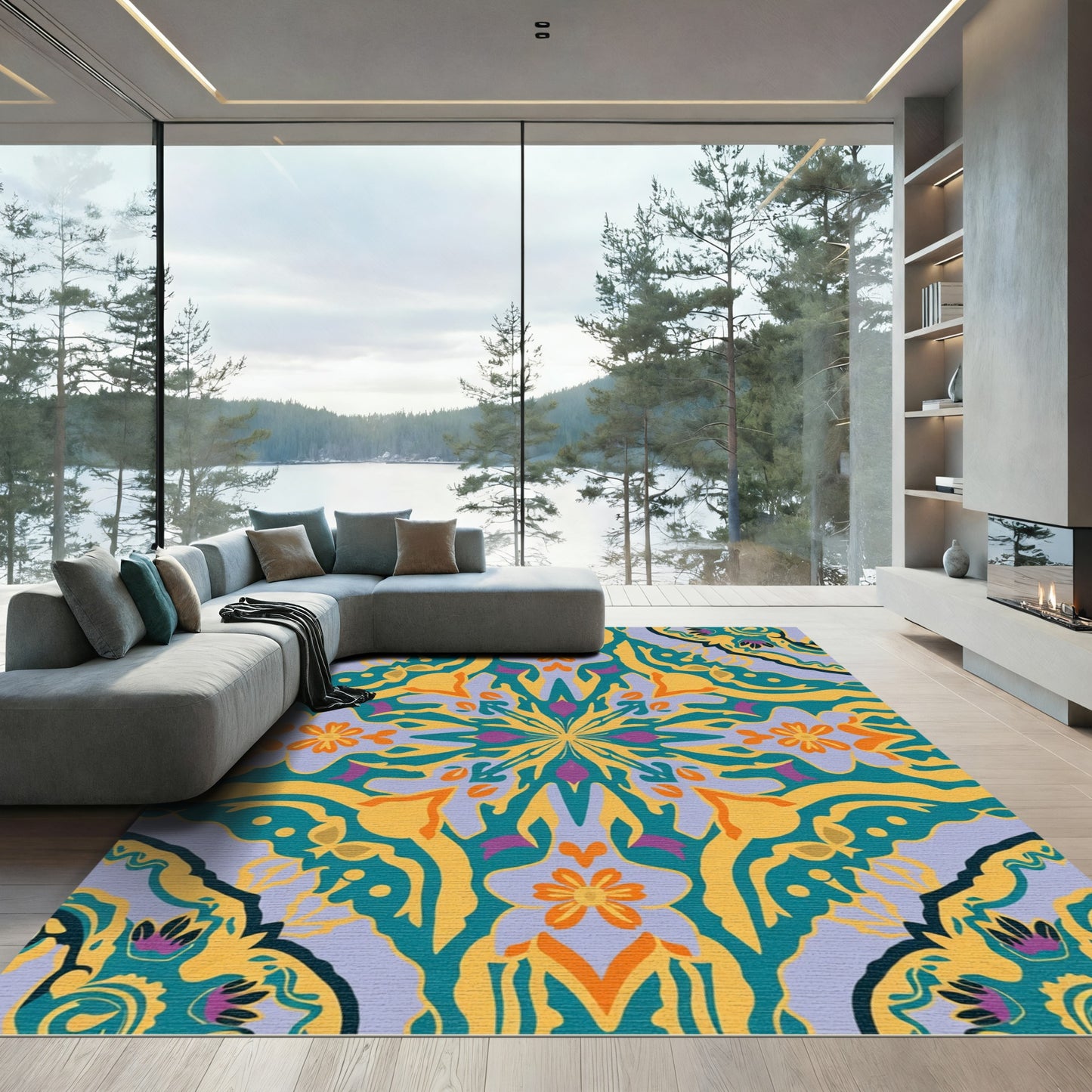 Vibrant Yellow Teal Floral Mandala Rug
