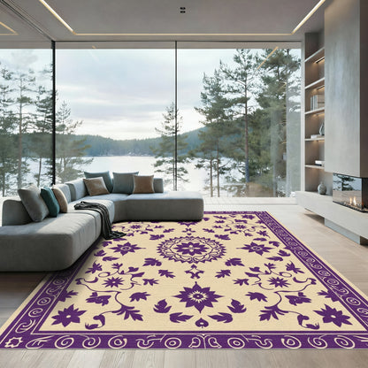 Purple Floral Medallion Cream Border Rug