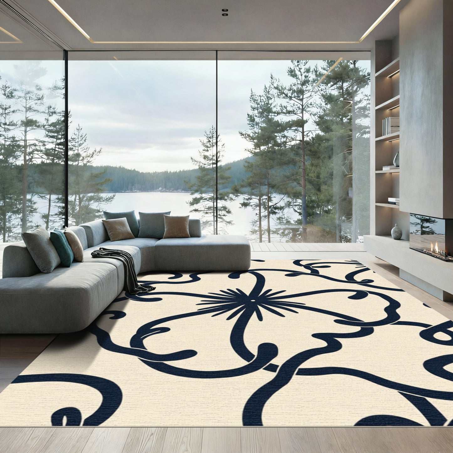 Cream Navy Swirl Floral Art Nouveau Rug