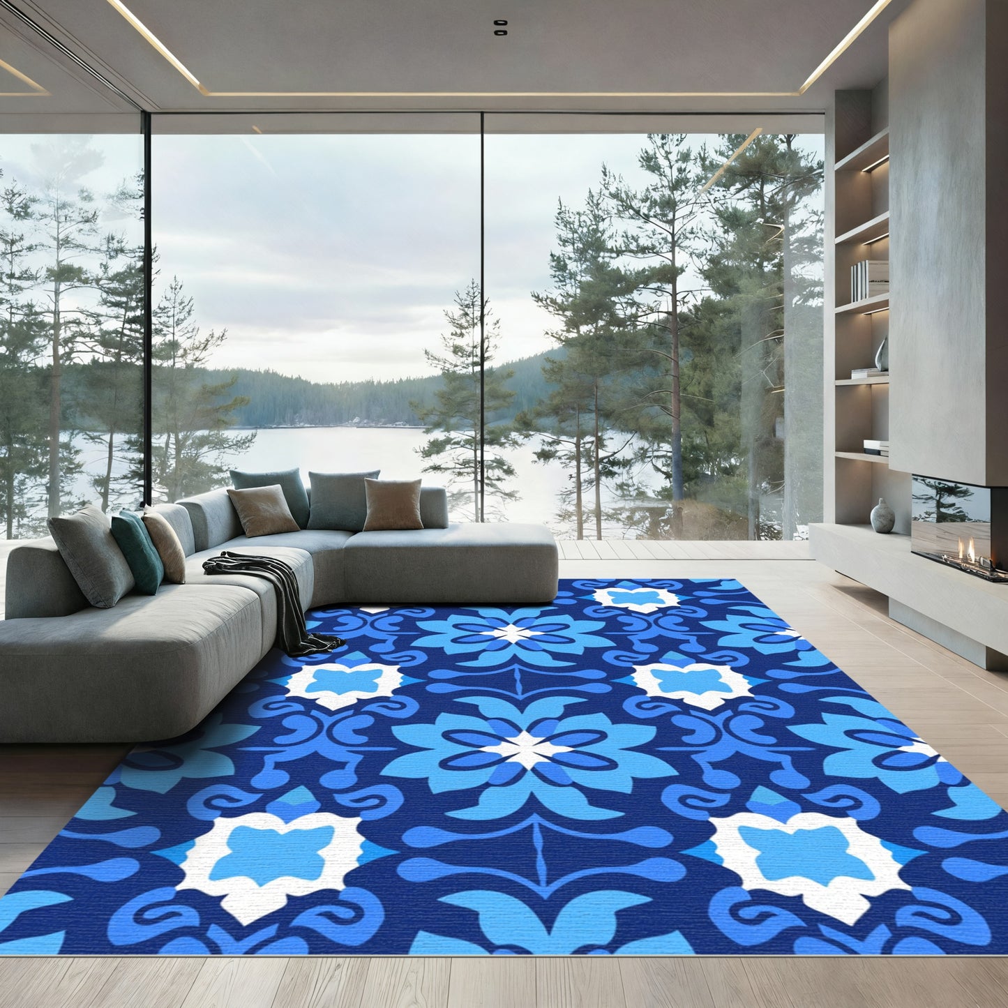 Deep Blue Floral Tile Medallion Rug