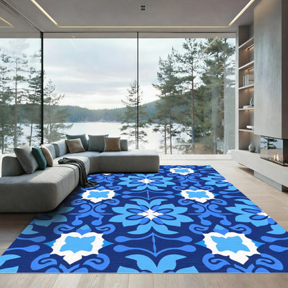 Deep Blue Floral Tile Medallion Rug