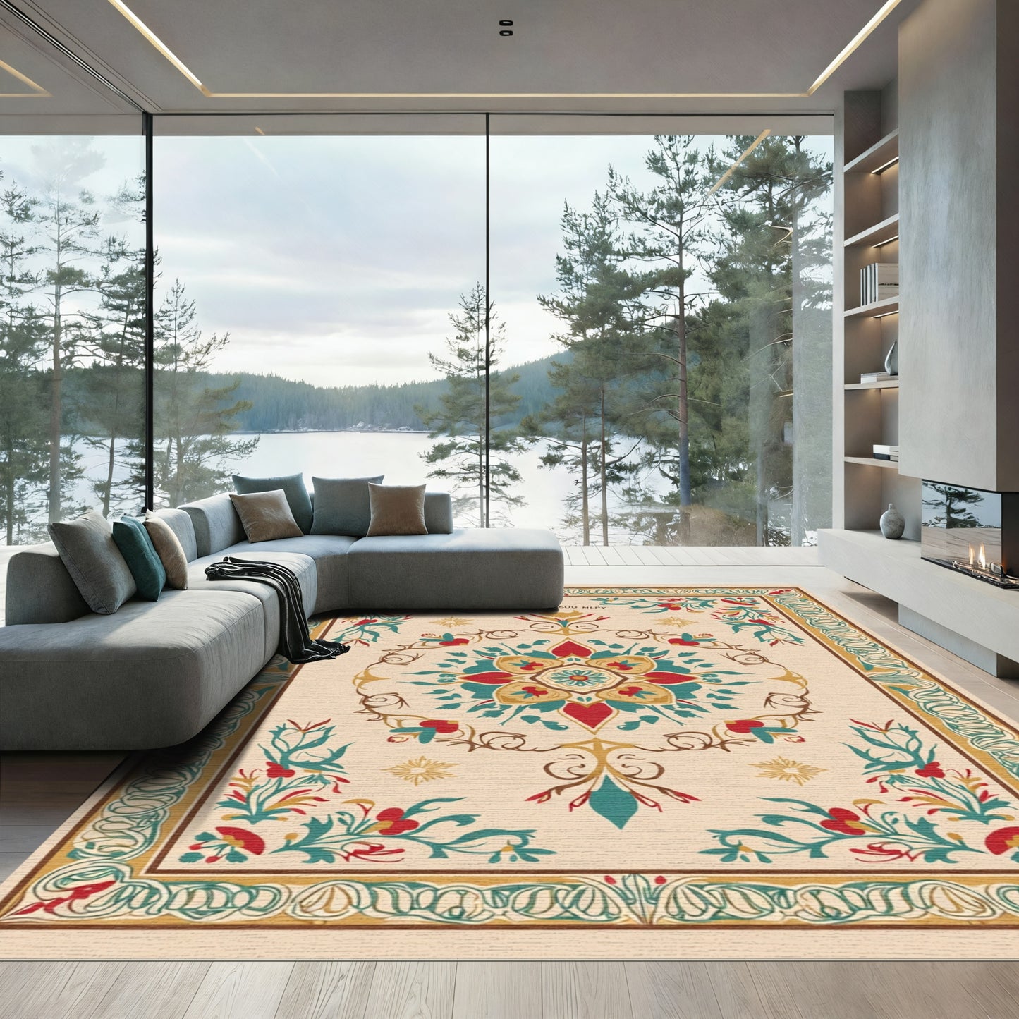 Rich Red Teal Floral Medallion Rug