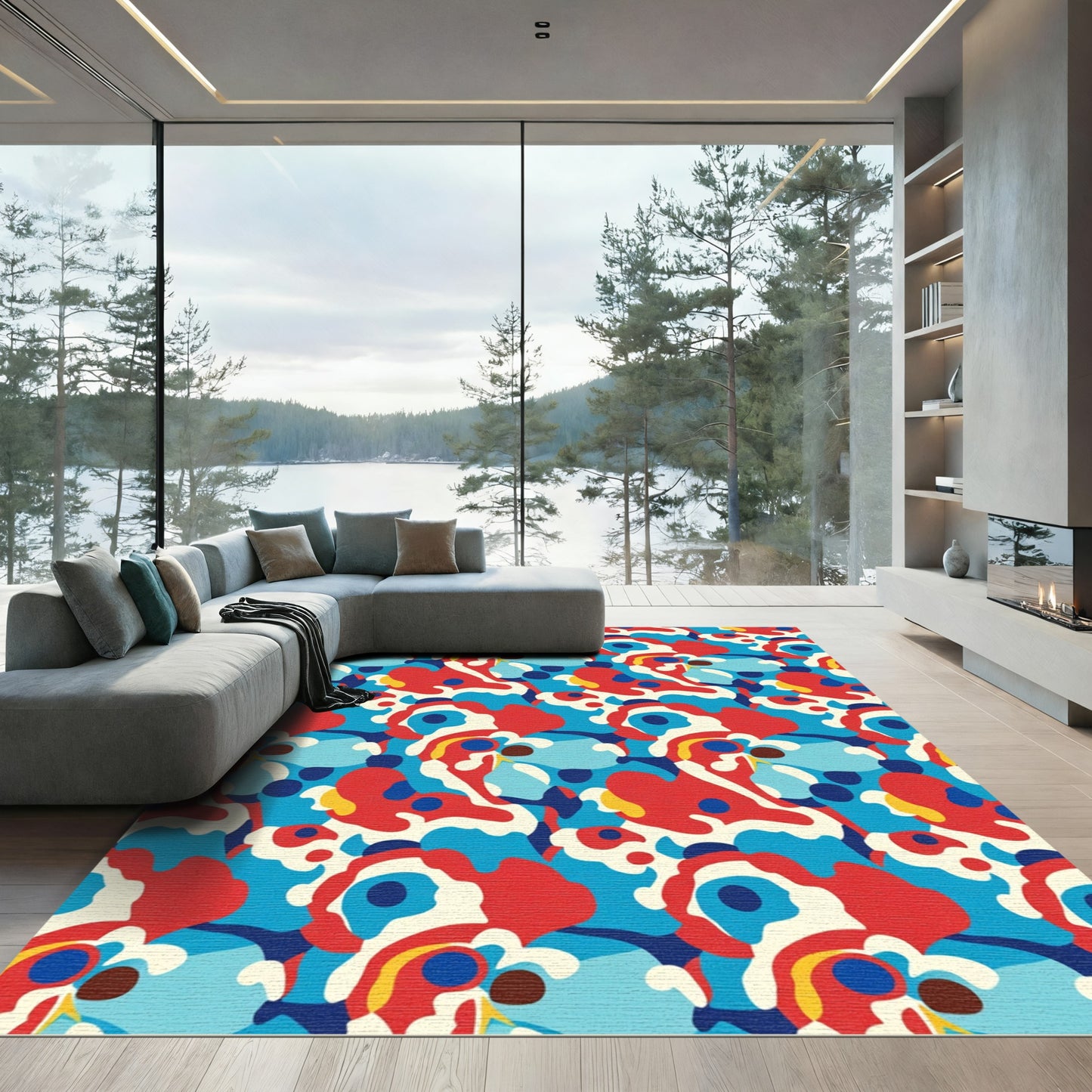 Abstract Crimson Blue Organic Shapes Rug