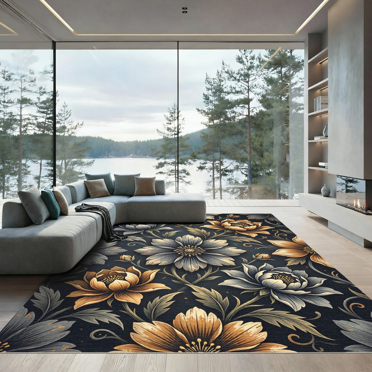 Golden Teal Floral Garden Collage Rug
