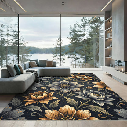 Golden Teal Floral Garden Collage Rug