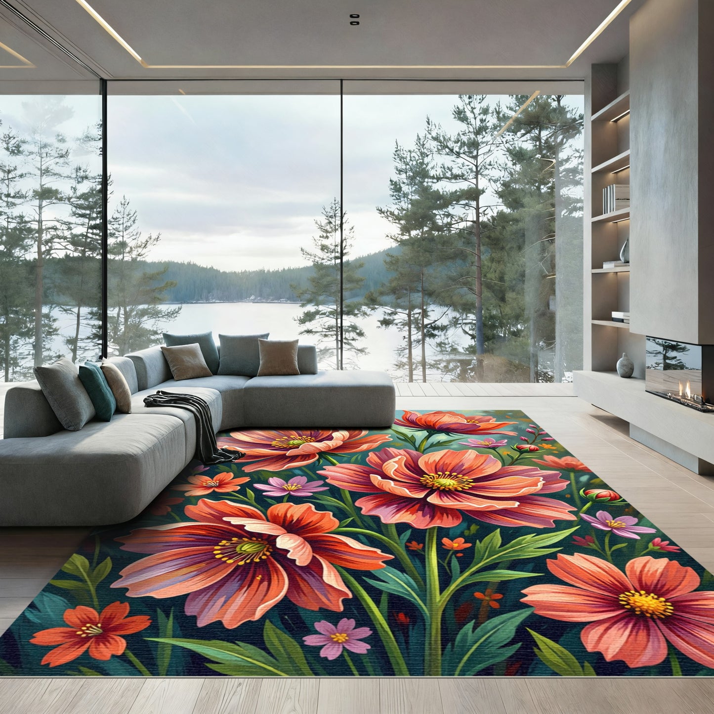 Vibrant Coral Cosmos Botanical Garden Rug