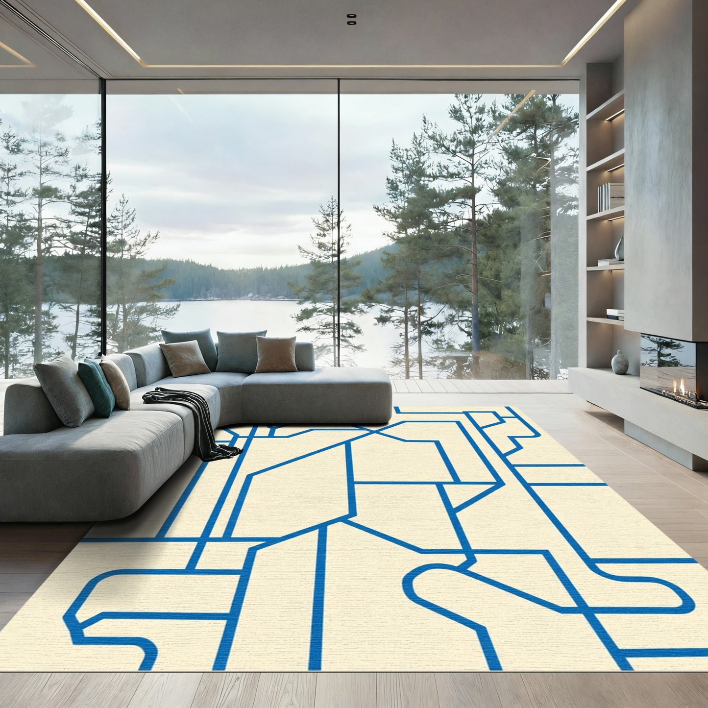 Abstract Blue Geometric Maze Rug