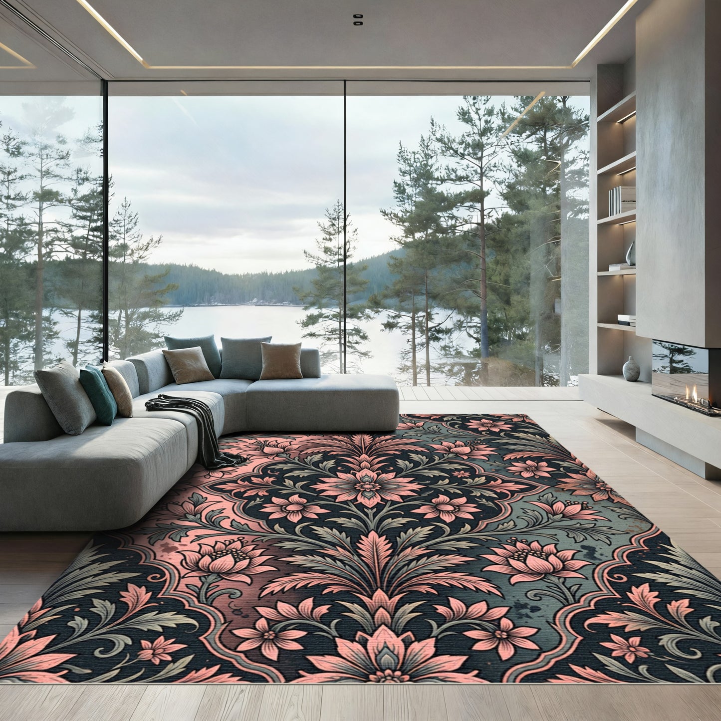 Coral Pink Floral Scrollwork Lattice Rug