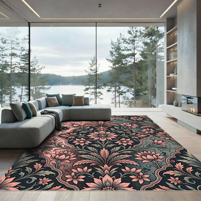 Coral Pink Floral Scrollwork Lattice Rug