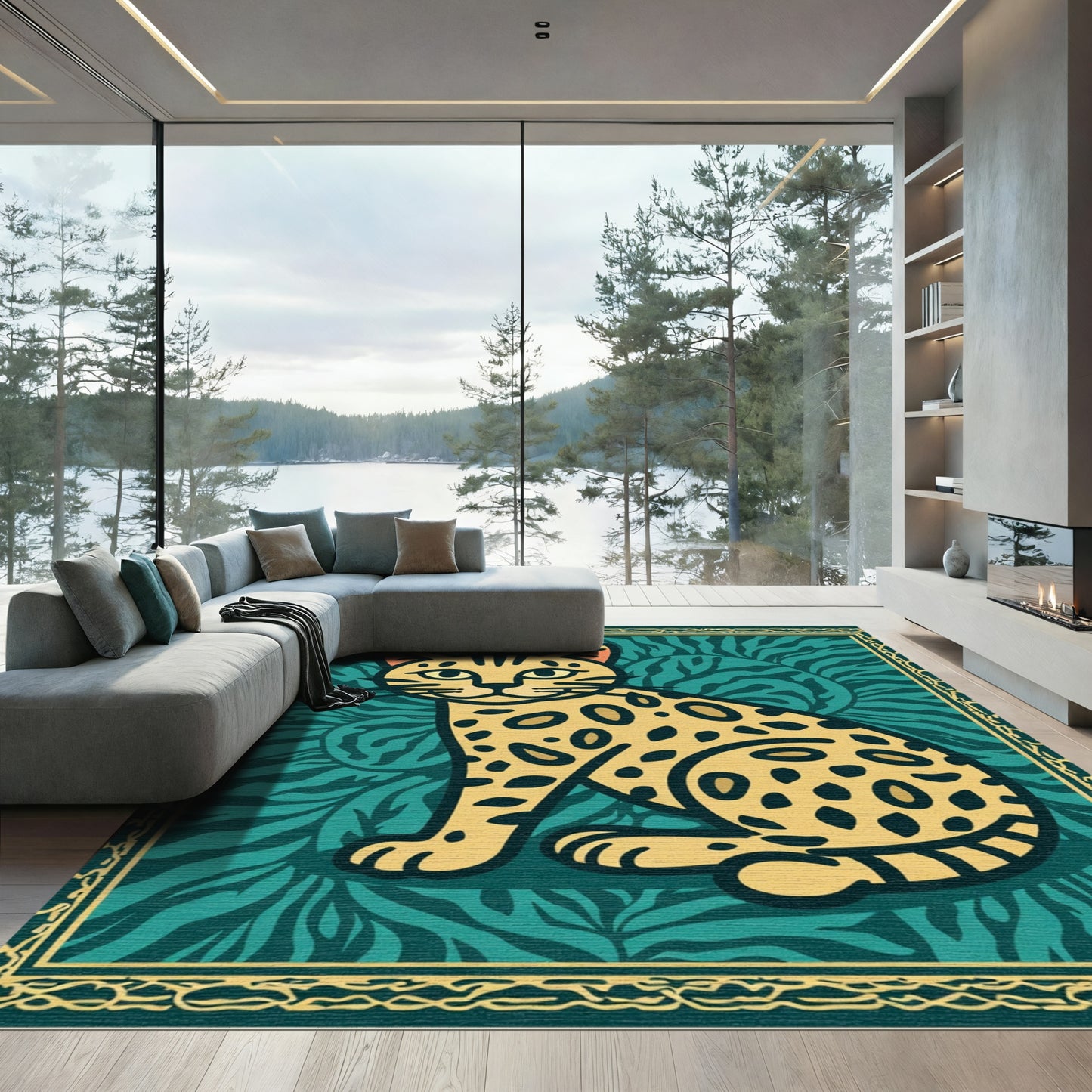 Golden Spotted Cat Teal Jungle Rug
