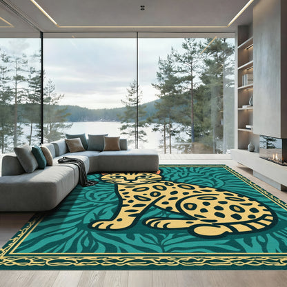 Golden Spotted Cat Teal Jungle Rug