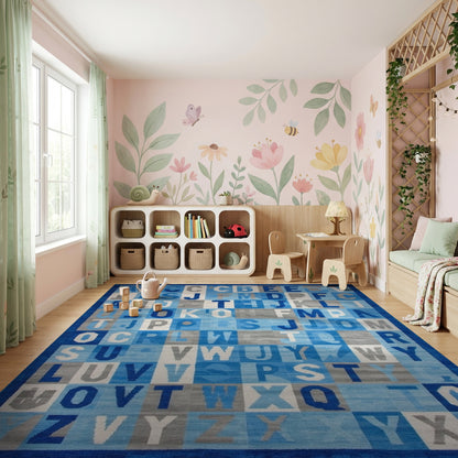 Navy Blue Alphabet Grid Rug
