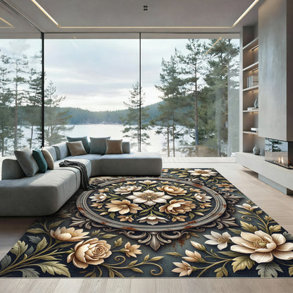 Cream Floral Medallion Scrollwork Rug