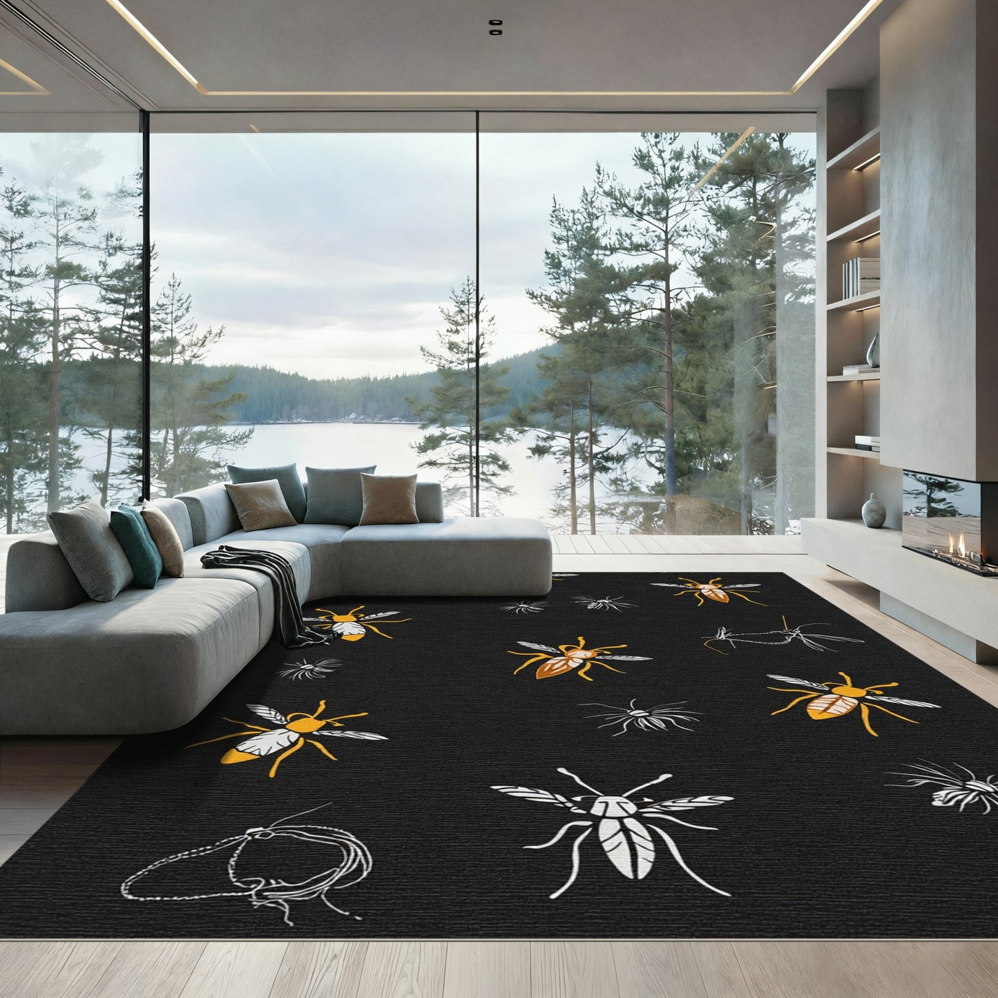 Black Yellow Insect Illustration Tonal Rug