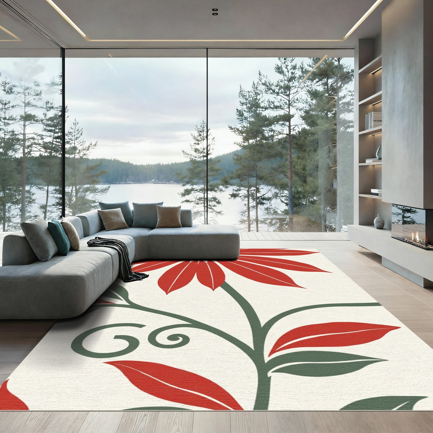 Bold Red Daisy Swirl Floral Rug