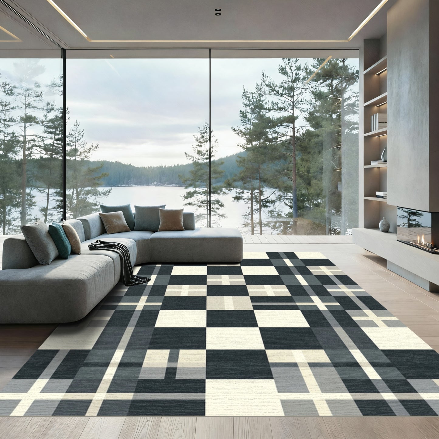 Monochrome Plaid Squared Grid Rug