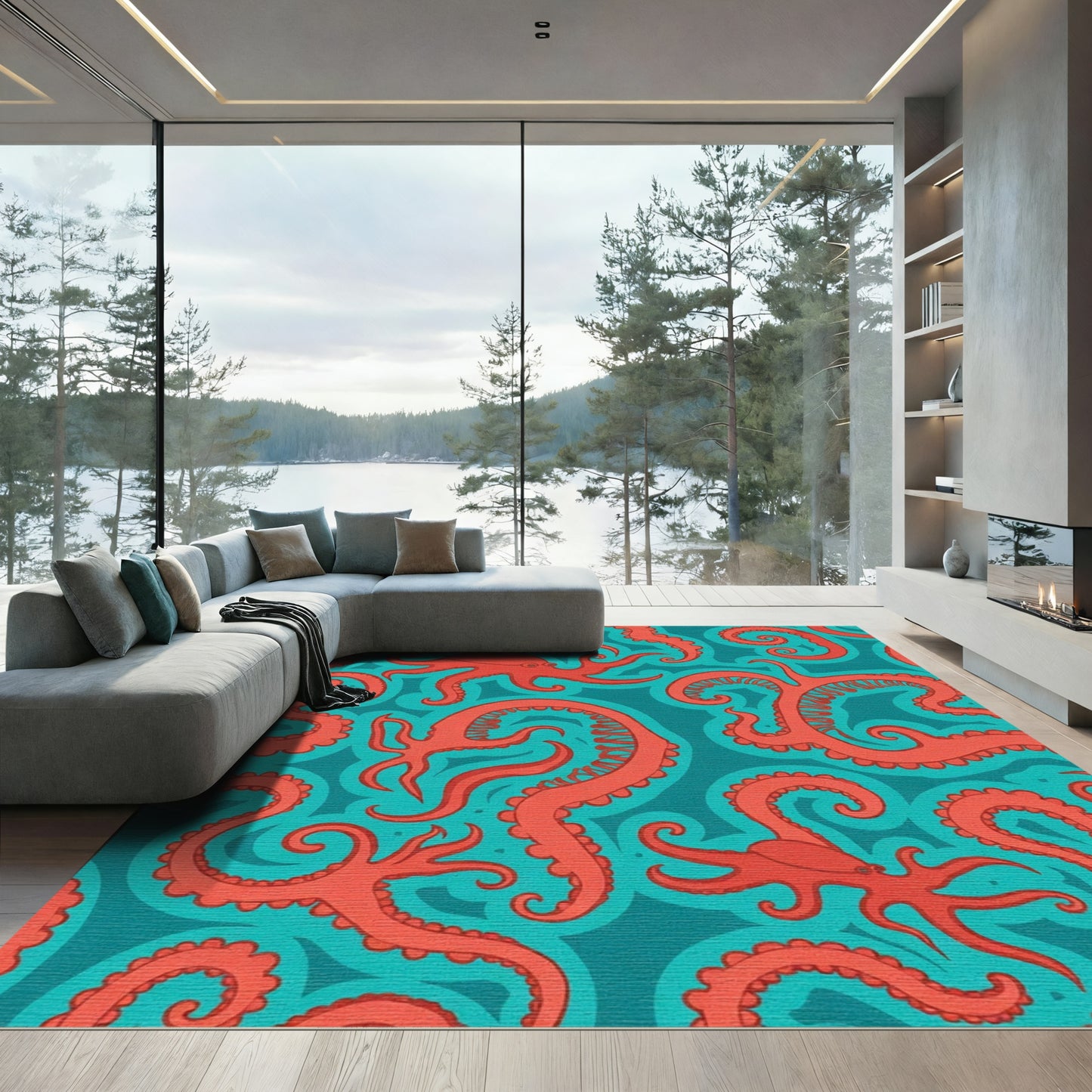 Coral Octopus Tentacles Teal Rug