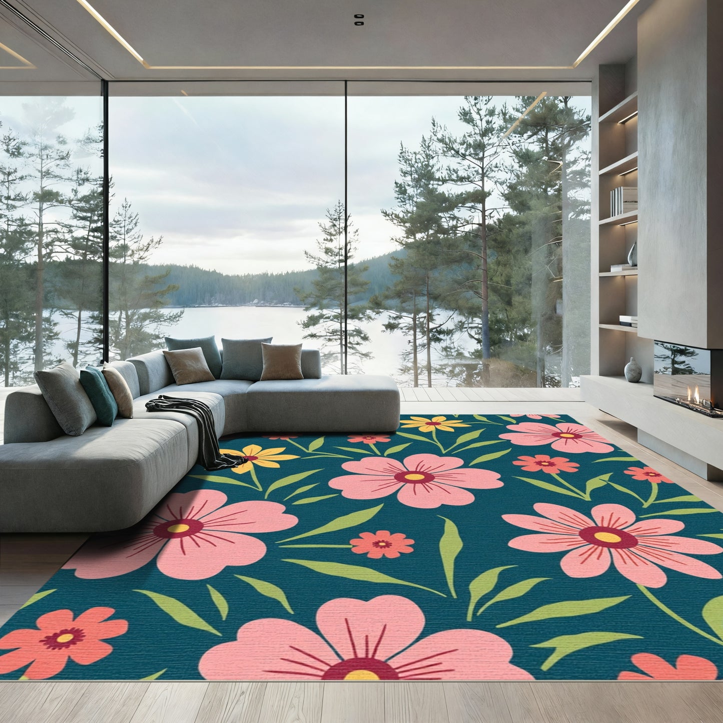 Pink Yellow Coral Floral Arrangement Rug