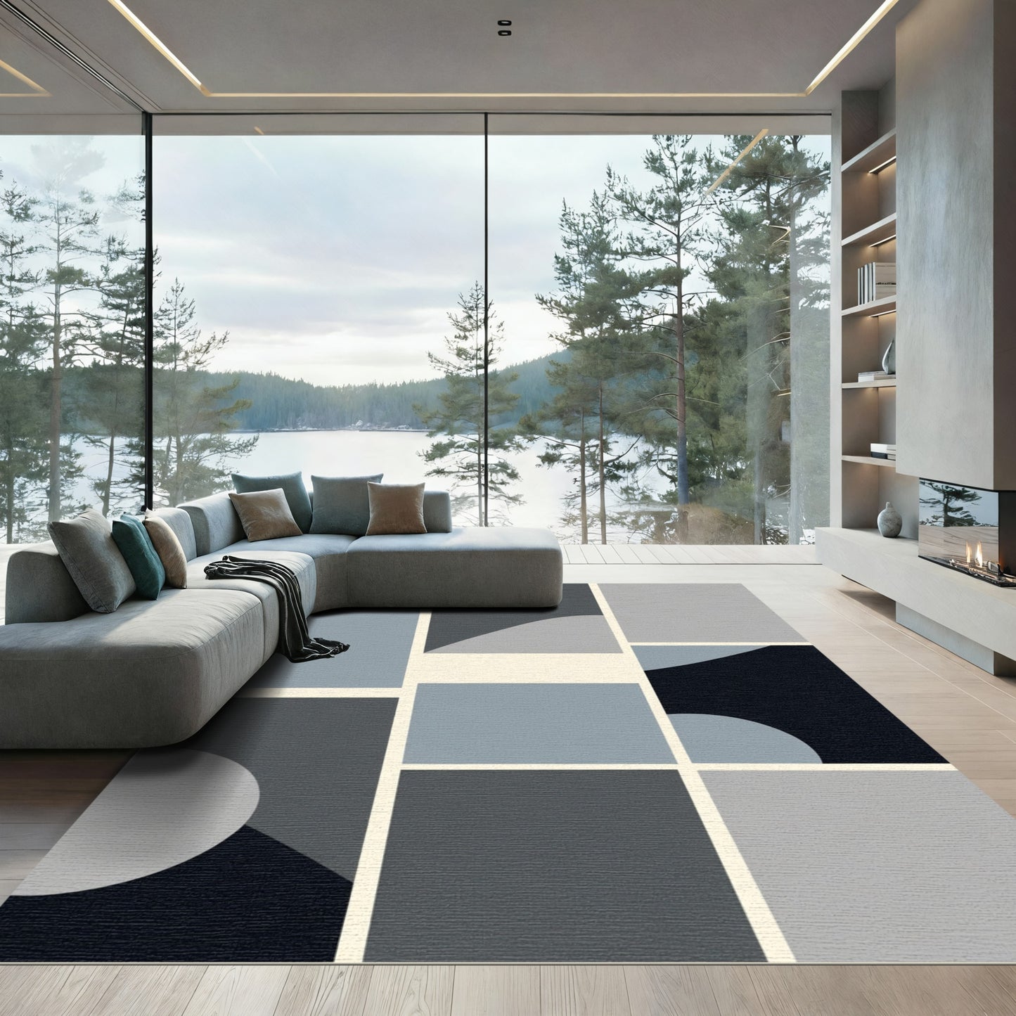 Abstract Blue Gray Geometric Blocks Rug