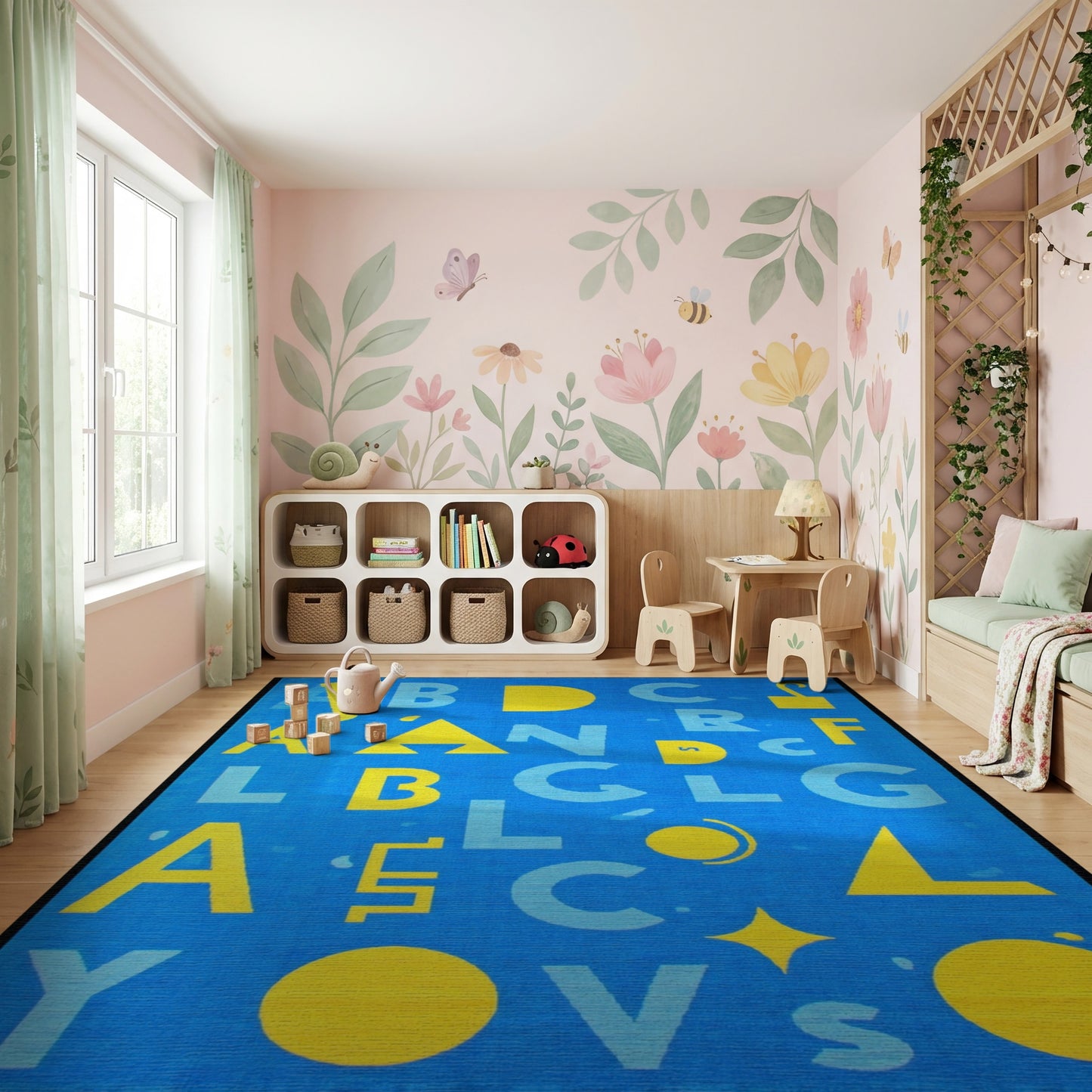 Playful Bold Yellow Alphabet Blue Rug