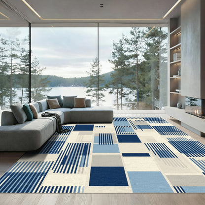 Navy Blue Geometric Block Stripe Rug