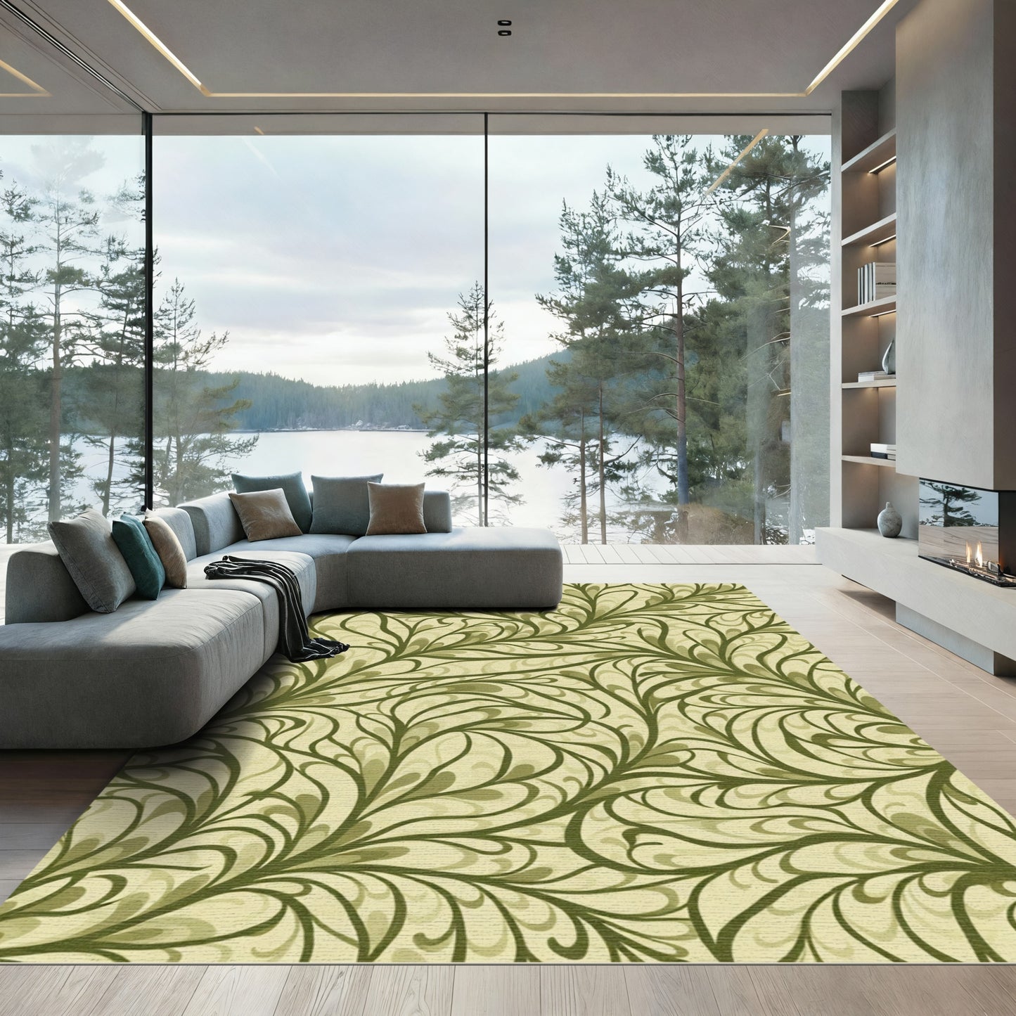 Earthy Green Swirling Vine Rug