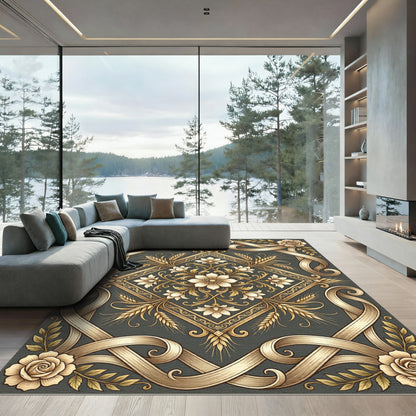 Elaborate Gold Woven Rose Wheat Rug