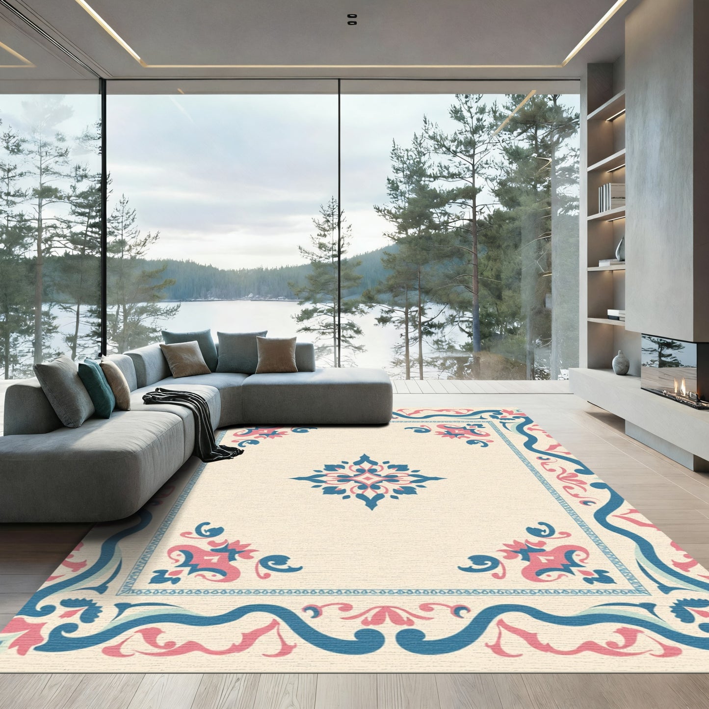 Coral Blue Floral Border Medallion Rug