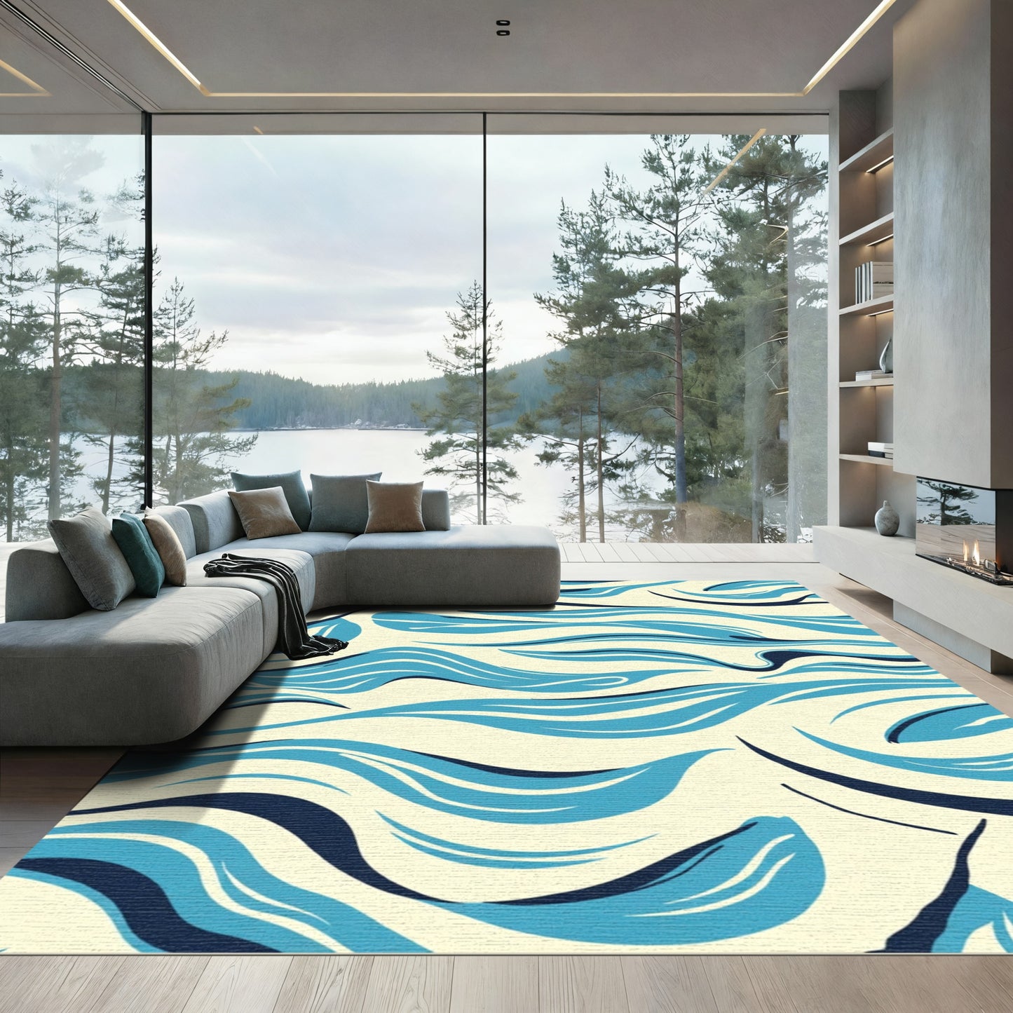 Abstract Blue Flowing Wave Rug