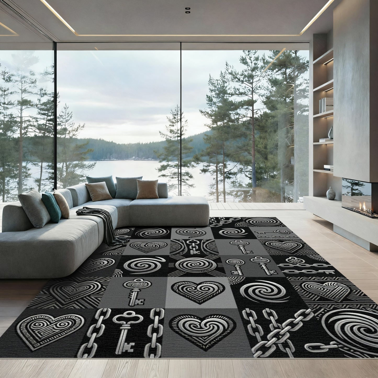 Silver Heart Key Chain Collage Rug