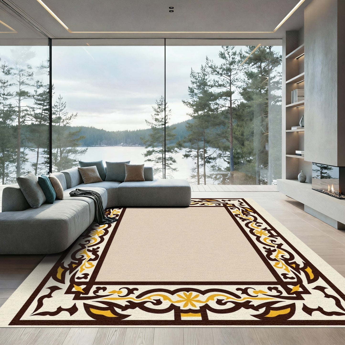 Ornate Golden Brown Floral Frame Rug