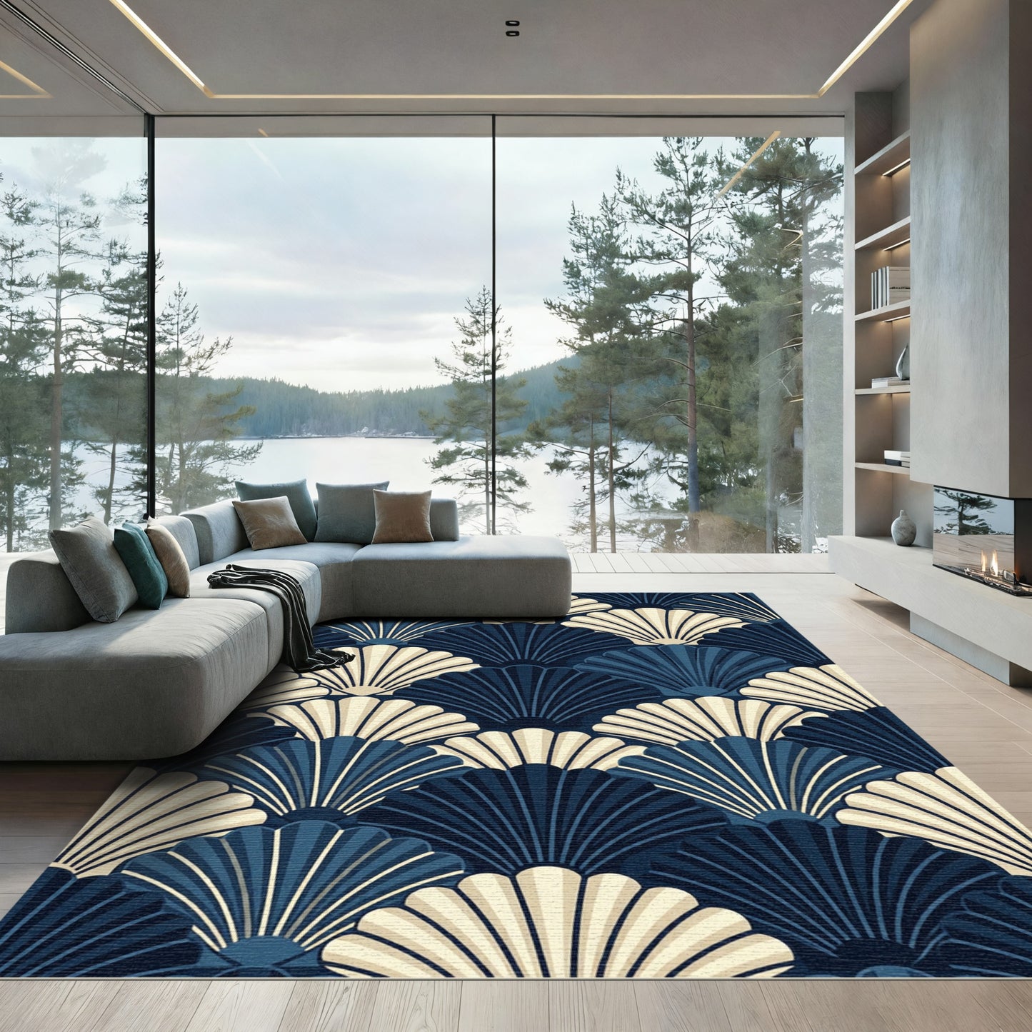 Elegant Navy and Cream Scalloped Shell Rug