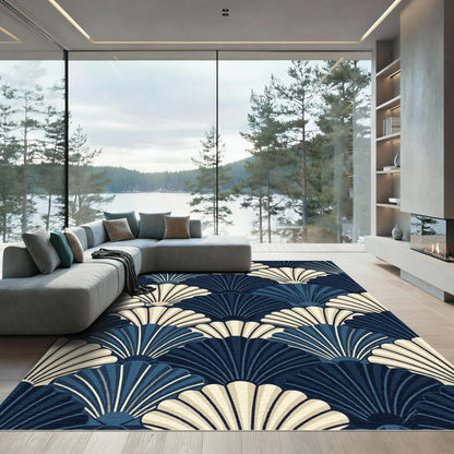 Elegant Navy and Cream Scalloped Shell Rug
