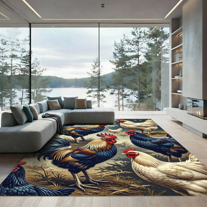 Vibrant Multicolored Farm Rooster Flock Rug
