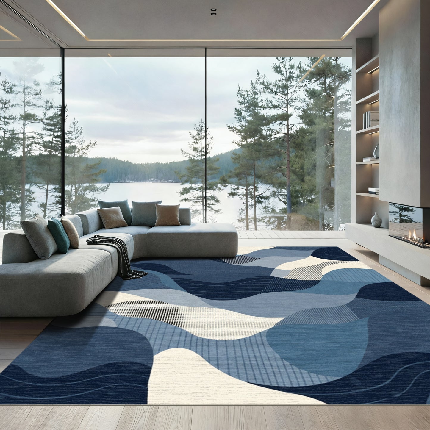 Deep Blue Abstract Wavy Landscape Rug