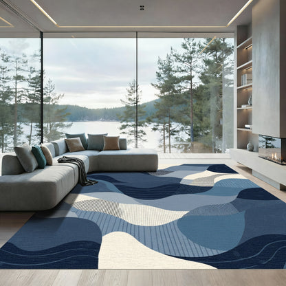 Deep Blue Abstract Wavy Landscape Rug