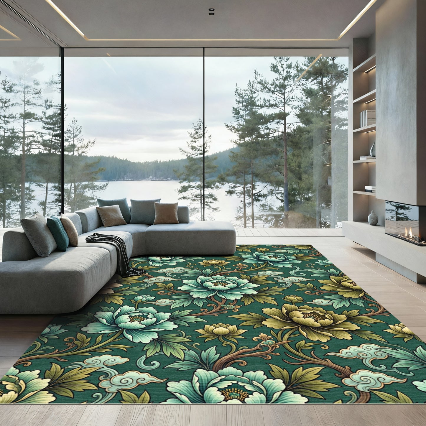 Emerald Green Floral Peony Cloud Rug