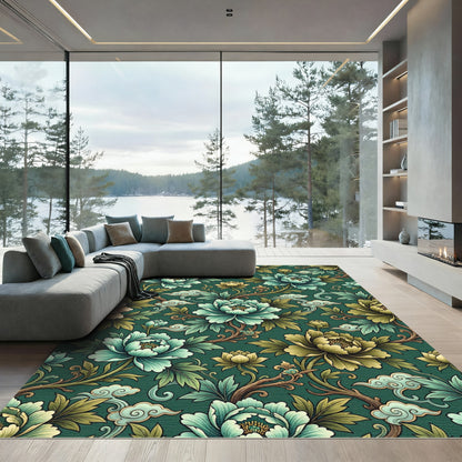 Emerald Green Floral Peony Cloud Rug