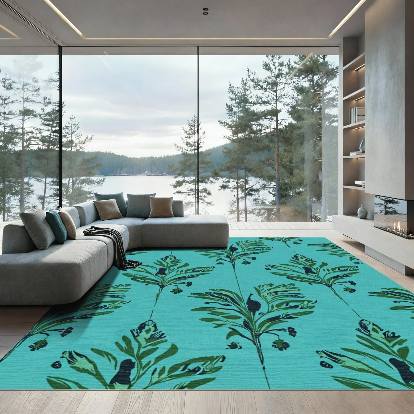 Teal Green Leafy Botanical Stem Rug