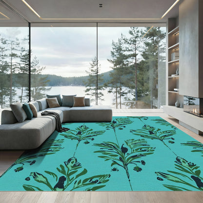 Teal Green Leafy Botanical Stem Rug