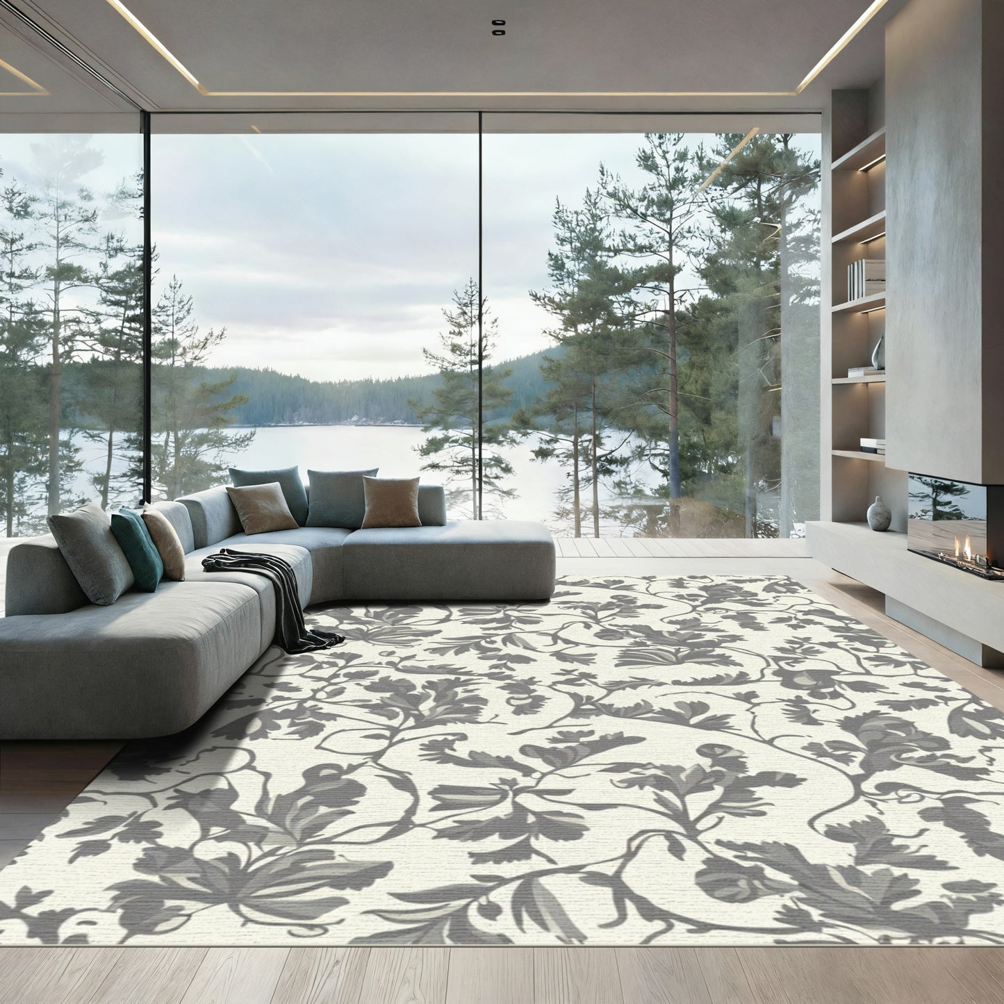 Gray Cream Botanical Vine Foliage Rug