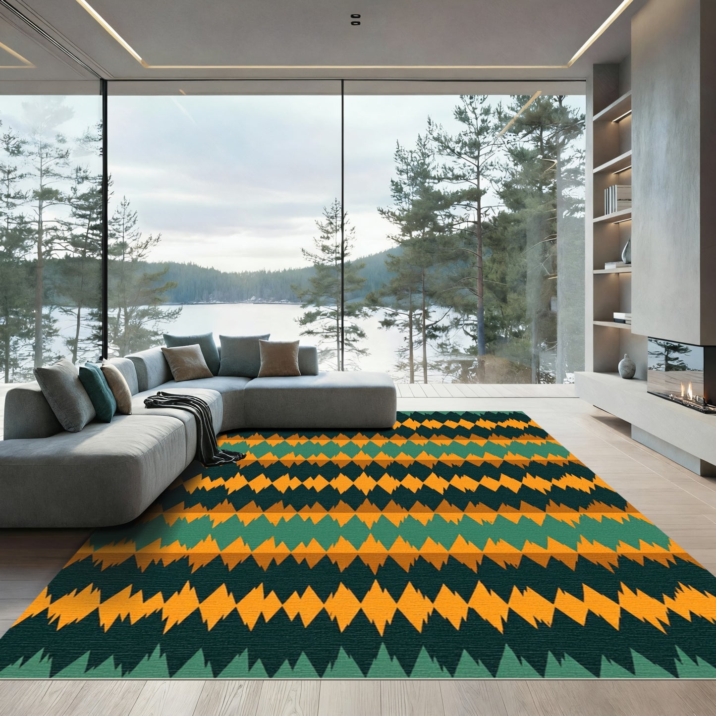 Earthy Teal and Gold Geometric Chevron Rug