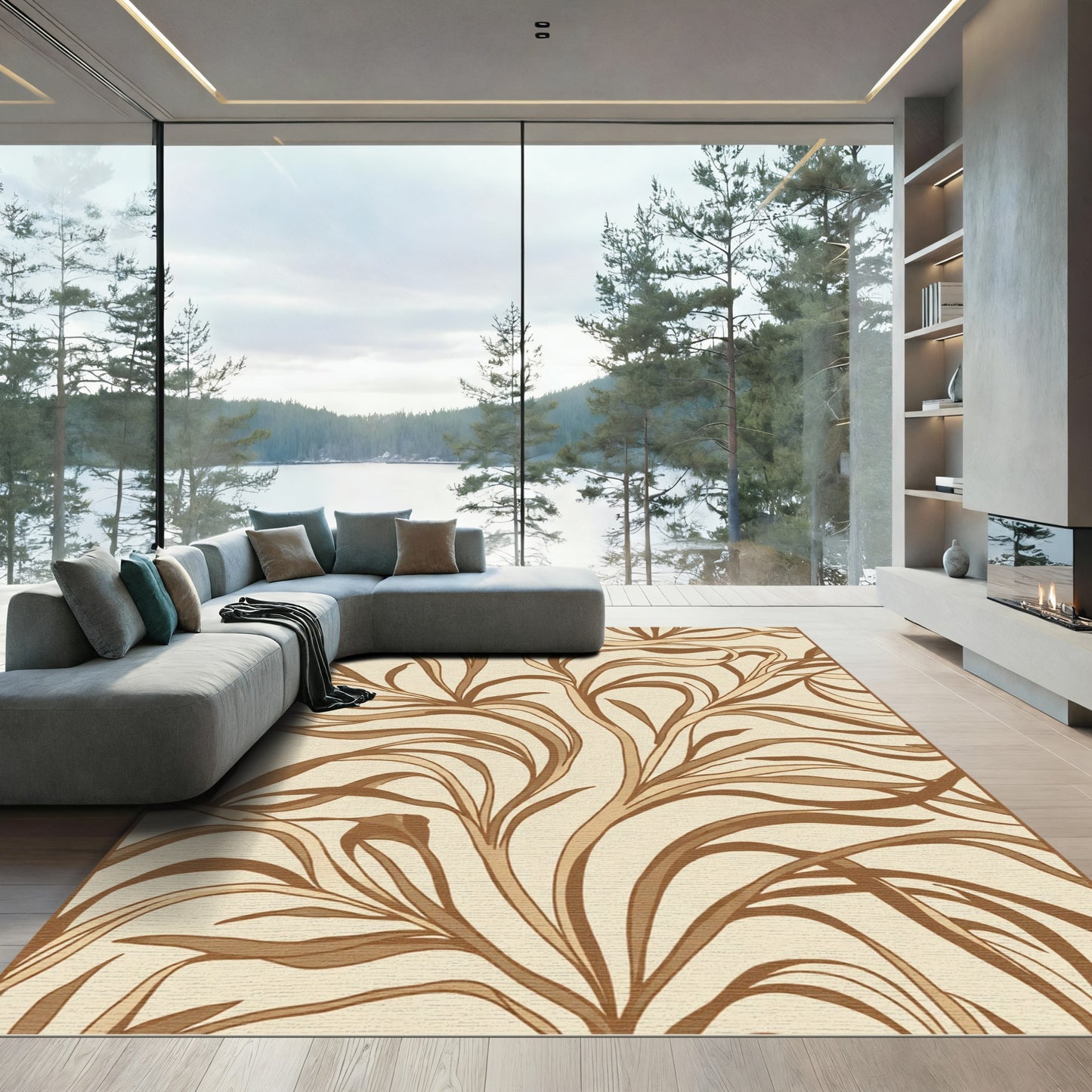 Art Nouveau Tan Organic Swirls Rug